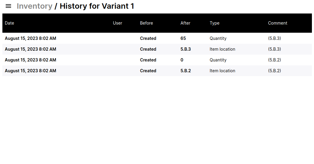 Screenshot showing an event log of inventory history.