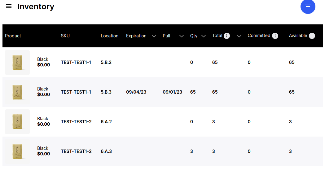 Screenshot showing a list of inventory SKUs with quantity and other meta info.